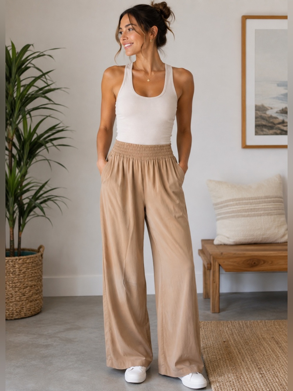 Vuori Villa Wide Leg Pants M Tan Smocked Waist Lightweight Travel